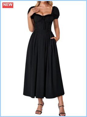 Floral Corset Midi Dress Lace Up Back Puff Sleeve Bridal Shower